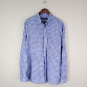 Ralph Lauren Shirt Mens XL Blue Check Plaid 100% Linen Button Front Casual